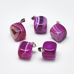 Magenta Natural Banded Agate/Striped Agate Pendants, Dyed, with Stainless Steel Snap On Bails, Cube, Stainless Steel Color, Magenta, 24~29x19~25x17~25mm, Hole: 3~4x7~8.5mm