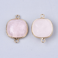 Quartz Rose Connecteurs de liens en quartz rose naturel, avec les accessoires en laiton, carrée, or, 27~28x19~20x6~7mm, Trou: 2mm