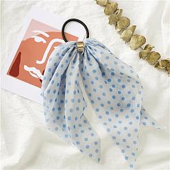 Cornflower Blue Polka Dot Pattern Cloth Elastic Hair Accessories, for Girls or Women, with Iron Findings, Hair Ties with Long Tail, Knotted Bow Hair Scarf, Cornflower Blue, 250mm