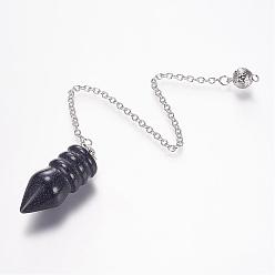 Blue Goldstone Synthetic Blue Goldstone Pointed Dowsing Pendulums, with Brass Cross Chains, Bullet, Platinum, 36x14mm, Hole: 2mm, about: 8 inch(21.2cm)