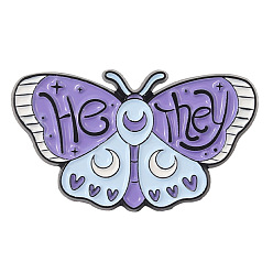 Medium Purple Butterfly with Word He They Enamel Pin, Electrophoresis Black Plated Alloy Badge for Corsages Scarf Clothes, Medium Purple, 15.2x27.9mm