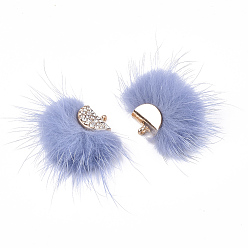 Bleu Bleuet Décorations pendantes de pompon en fausse fourrure de vison, avec strass et les accessoires en alliage, fan, or, bleuet, 24~28x29~34x8mm, Trou: 1.5mm