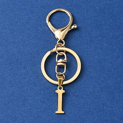 Letter I 304 Stainless Steel Initial Letter Charm Keychains, with Alloy Clasp, Golden, Letter I, 8.5cm