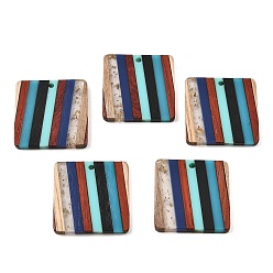 Colorful Transparent Resin & Walnut Wood Pendants, Square Charms with Gold Foil, Colorful, 28x28x3mm, Hole: 2mm