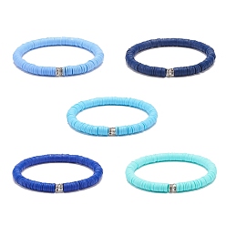 Bleu 5 pcs 5 couleurs ensembles de bracelets extensibles faits à la main en argile polymère heishi surfeur, bijoux preppy pour femme, bleu, diamètre intérieur: 2-1/8 pouce (5.4 cm), 1 pc / couleur
