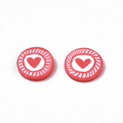 Red Handmade Polymer Clay Cabochons, Fashion Nail Art Decoration Accessories, FLat Round with Heart, Red, 5~6x0.5mm, about 40000pcs/1000g
