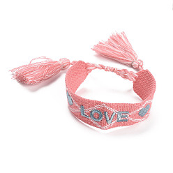 Corail Clair Bracelet tressé en polycoton (coton polyester) word love avec breloque pompon, bracelet large réglable plat pour couple, corail lumière, diamètre intérieur: 2~3-1/8 pouce (5~8 cm)