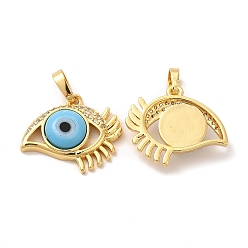 Light Sky Blue Rack Plating Brass Micro Pave Clear Cubic Zirconia Pendants, with Handmade Evil Eye Lampwork, Cadmium Free & Lead Free, Long-Lasting Real 18K Gold Plated, Eye Charm, Light Sky Blue, 17x19.5x5mm, Hole: 6x3mm