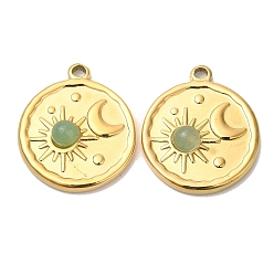 Green Aventurine Ion Plating(IP) 316 Stainless Steel Flat Round Pendants, Natural Green Aventurine Sun & Moon Charms, Real 24K Gold Plated, 21.5x18x4.5mm, Hole: 1.6mm