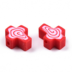 Red Handmade Polymer Clay Beads, Cross, Red, 12x10x4.5mm, Hole: 1.6mm