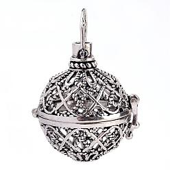 Antique Silver Rack Plating Brass Cage Pendants, For Chime Ball Pendant Necklaces Making, Hollow Round, Antique Silver, 32x29x25mm, Hole: 6x7mm, inner measure: 20mm