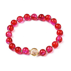 Cramoisi Bracelet extensible en perles de verre rondes avec anneau en laiton plaqué or pour femme, cramoisi, diamètre intérieur: 2 pouce (5 cm)