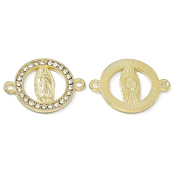 Oro Encantos del conector de la aleación de la religión, con diamantes de imitación de cristal, eslabones redondos planos con patrón virgen, dorado, 18x24x2 mm, agujero: 1.8 mm