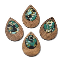 Dark Turquoise Wood & Resin Pendant, with Gold Foil, Teardrop Charms, Dark Turquoise, 38x25.5x3mm, Hole: 2mm
