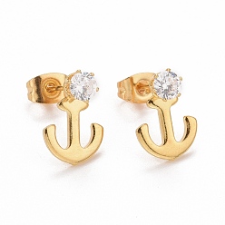 Golden Anchor 304 Stainless SteelStud Earrings, with 316 Stainless Steel Pin & Glass Imitation Cubic Zirconia, Golden, 12.5x9mm, Pin: 0.7mm