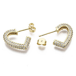 Real 16K Gold Plated Brass Micro Pave Clear Cubic Zirconia Stud Earrings, Half Hoop Earrings, with Ear Nuts, Heart, Nickel Free, Real 16K Gold Plated, 18x4mm, Pin: 0.8mm