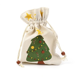 Tree Christmas Theme Cotton Fabric Cloth Bag, Drawstring Bags, for Christmas Party Snack Gift Ornaments, Tree Pattern, 22x15cm