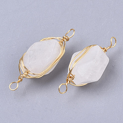 Quartz Crystal Natural Quartz Crystal Links connectors, Brass Wire Wrapped Links, Faceted, Column, Golden, 22.5~32x9~12x8~9mm, Hole: 1.2mm