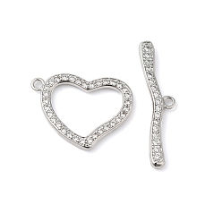 Real Platinum Plated Brass Micro Pave Clear Cubic Zirconia Toggle Clasps, Heart, Real Platinum Plated, Heart: 17x22.5x2mm, Hole: 1.6mm, Bar: 7x29.5x2.5, Hole: 1.6mm