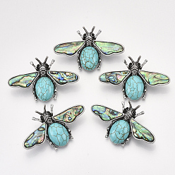 Synthetic Turquoise Synthetic Turquoise Brooches/Pendants, with Rhinestone and Alloy Findings, Abalone Shell/Paua Shelland Resin Bottom, Bee, Antique Silver, 36x56.5x14mm, Hole: 7x4mm, Pin: 0.7mm
