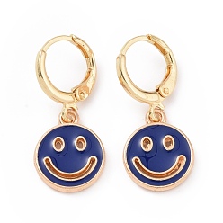 Dark Blue Hollow Out Smiling Face Enamel Hoop Earrings for Women, Double Side Light Gold Tone Alloy Dangle Earrings, Dark Blue, 25mm, Pin: 0.7mm