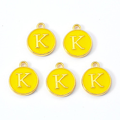 Letter K Golden Plated Alloy Enamel Charms, Enamelled Sequins, Flat Round with Letter, Gold, Letter.K, 14x12x2mm, Hole: 1.5mm