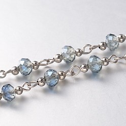 Light Steel Blue Trendy Handmade Faceted Rondelle Glass Beads Chains for Necklaces Bracelets Making, with Iron Spacer Beads and Iron Eye Pin, Unwelded, Platinum, Light Steel Blue, 39.3 inch, about 60pcs/strand