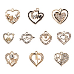 Golden 10Pcs 10 Style Alloy Pendants, with Crystal Rhinestone and ABS Plastic Imitation Pearl, Heart & Crown & Rabbit & Arrow Charms, Golden, 14~21.5x14~20x1.5~4mm, hole: 1.5~2mm, 1Pc/style