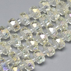 Light Goldenrod Yellow Electroplate Glass Beads Strands, Rainbow Plated, Faceted, Flat Round, Light Goldenrod Yellow, 7~8x5mm, Hole: 1mm, about 80pcs/strand, 21.26 inch