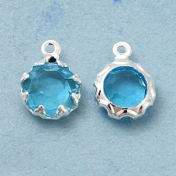 Deep Sky Blue Eco-Friendly Glass Charms, with Brass Findings, Long-Lasting Plated, Cadmium Free & Lead Free, Flat Round, 925 Sterling Silver Plated, Deep Sky Blue, 9x6.5x3mm, Hole: 1mm