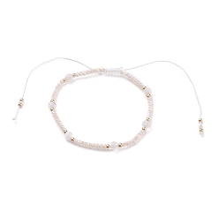 Rainbow Moonstone Bracelet de perles tressées en cordon de nylon ajustable, avec perles de rocaille rondes en verre fgb, perles de pierre de lune arc-en-ciel naturelles et perles de verre galvanisées, diamètre intérieur: 2~4 pouce (5.2~10 cm)