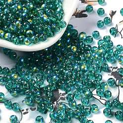 Bleu Vert Perles de rocaille en verre, demi-plaqué, couleurs transparentes arc, trou rond, ronde, sarcelle, 4x3mm, Trou: 1.2mm, 7500 pcs / livre