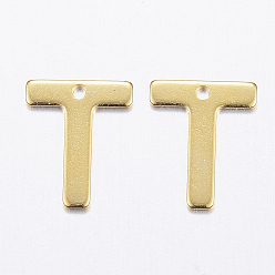 Letter T 304 charmes en acier inoxydable, lettre, breloques initiales, réel 18 k plaqué or, letter.t, 11x6~12x0.8mm, Trou: 1mm