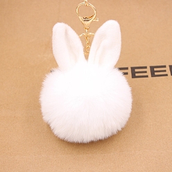 White Easter Rabbit Faux Fluffy Ball Pendant Keychains, with Alloy Finding, White, 90~100mm