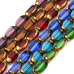 Color mezclado Abalorios de vidrio electrochapa, borde plateado, oval, color mezclado, 7x4.5x4 mm, agujero: 0.8 mm, sobre 50 unidades / cadena, 13.07~13.15 pulgada (33.2~33.4 cm)