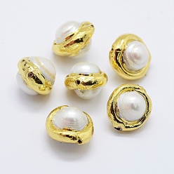 Blanc Culture des perles perles d'eau douce naturelles, bord plaqué or, ronde, blanc, 15x13~14x10.5~11mm, Trou: 0.5mm