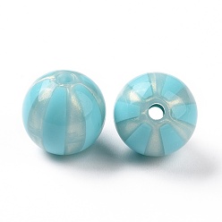 Turquoise Foncé Perles acryliques opaques, poudre de scintillement, rond avec motif à rayures, turquoise foncé, 15.5x15mm, Trou: 3mm