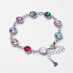 Colorful 304 Stainless Steel Glass Link Bracelets, with Lobster Claw Clasps, Colorful, 7-1/2 inch(190mm)