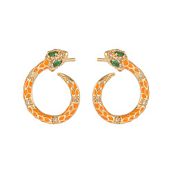 Orange Cubic Zirconia Snake Stud Earrings with Enamel, Golden Plated Brass Jewelry for Women, Orange, 20.5x17mm