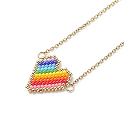 Colorful Rainbow Color Japanese Seed Braided Heart Pendant Necklace with 304 Stainless Steel Chains for Women, Colorful, 15.94 inch(40.5cm)
