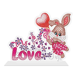 Pearl Pink DIY Rabbit & Word Love Display Decoration Diamond Painting Kits, for Valentine Day, including Plastic Board, Resin Rhinestones, Diamond Sticky Pen, Tray Plate and Glue Clay, Pearl Pink, 125x155mm
