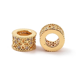 Real 18K Gold Plated Brass Rhinestone European Beads, Large Hole Beads, Long-Lasting Plated, Column with Flower, Real 18K Gold Plated, 8.2x5.2mm, Hole: 4.5mm
