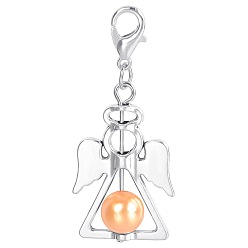 Orange Alloy Angel Pendant Decorations, with CCB Imitation Pearl, Orange, 4.4x1.9cm