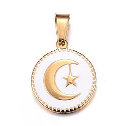 White 304 Stainless Steel Enamel Pendants, Flat Round with Moon and Star, Golden, White, 19x16x2mm, Hole: 4x6mm