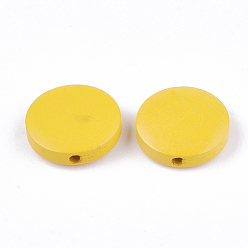Gold Painted Natural Wood Beads, Flat Round, Gold, 15~15.5x4mm, Hole: 1.8mm