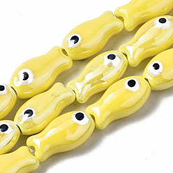 Yellow Handmade Porcelain Ceramic Beads Strands, Bright Glazed Porcelain, Fish, Yellow, 19x10x8mm, Hole: 1.5mm, about 17pcs/strand, 12.40 inch(31.5cm)