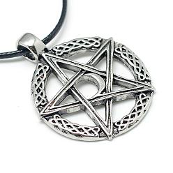 Antique Silver Alloy Pendant Necklaces, Wicca Jewelry, with Waxed Cord and Iron End Chains, Star and Moon, Antique Silver, 17.3 inch(44cm)