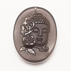 Obsidian Carved Natural Obsidian Big Pendants, Flat Oval with Buddha, 52.5x39x9mm, Hole: 2mm