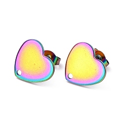Rainbow Color Placage ionique (ip) 304 conclusions de boucles d'oreilles en acier inoxydable, avec des noix de l'oreille, cœur, couleur arc en ciel, 12x13mm, Trou: 1.5mm, pin: 0.7 mm