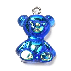 Azul Medio Colgantes de resina transparente, Charms de osos iridiscentes con aros de hierro chapados en platino., azul medio, 24.5~25.5x17~18x8~8.5 mm, agujero: 1.8 mm